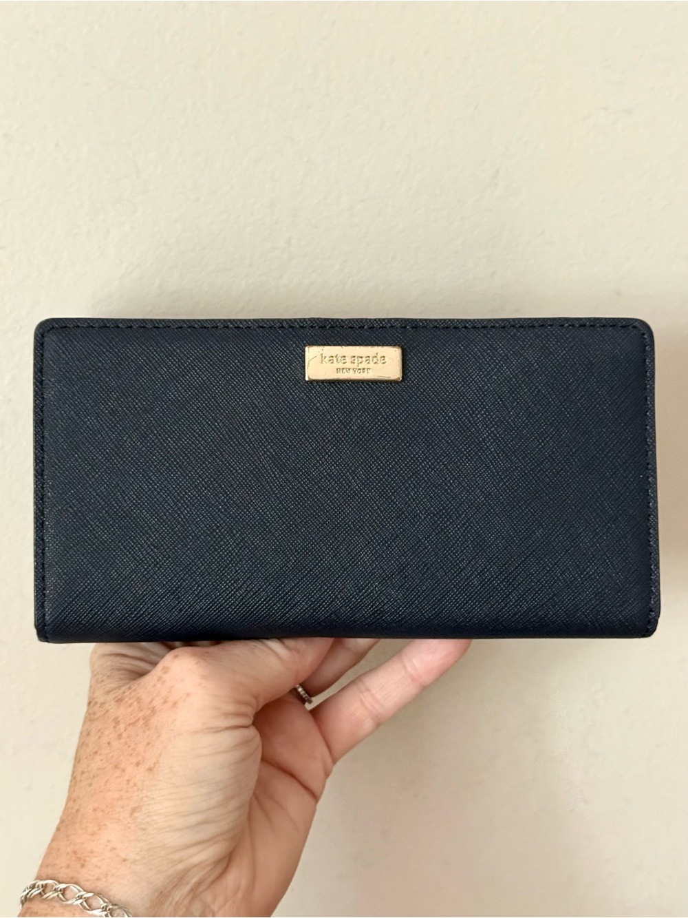 kate spade Black Saffiano Continental Wallet with Gold Logo